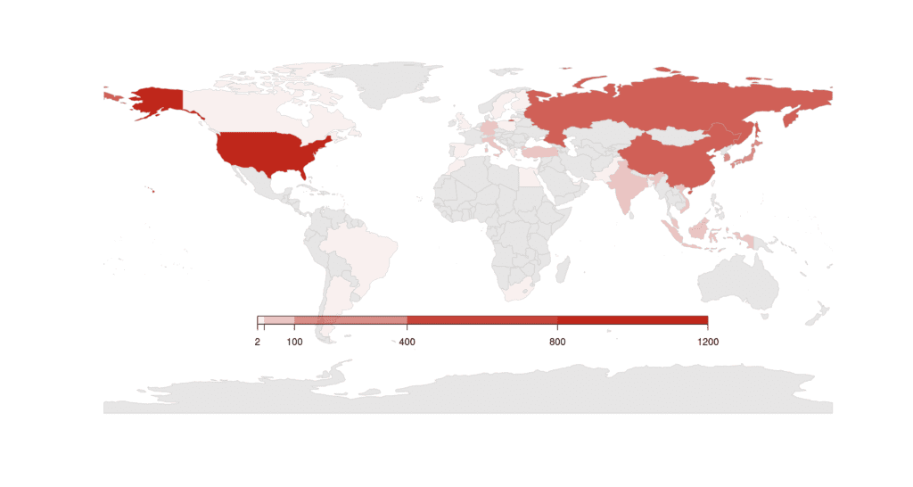 На карте мира выделены цветом страны-отправители отслеживаемых контейнеров